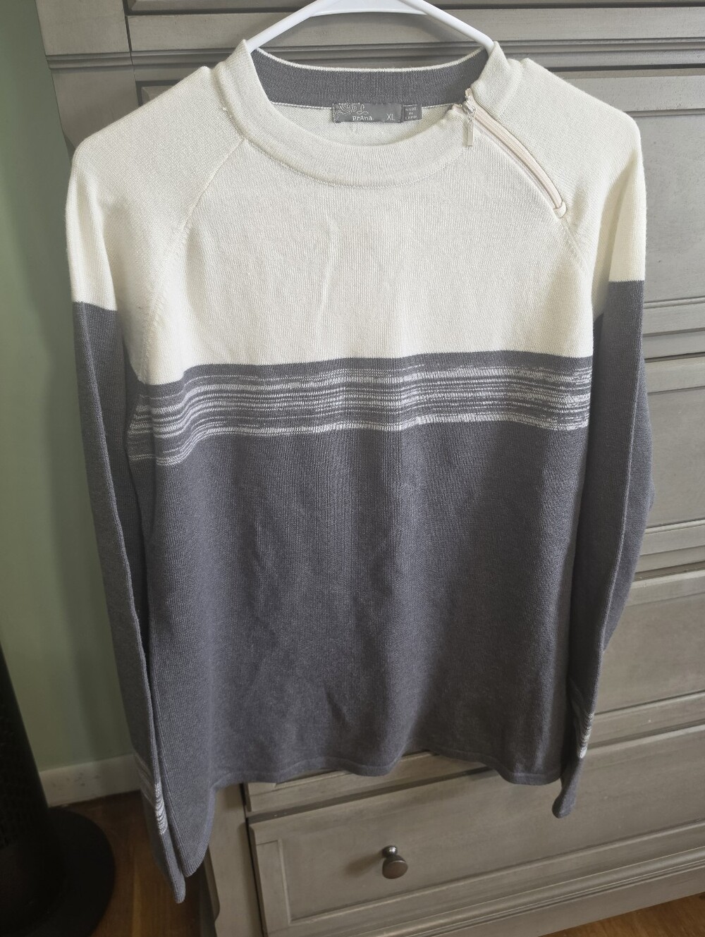 Prana Cream and Gray Crewneck Sweater with Zip Shoulder